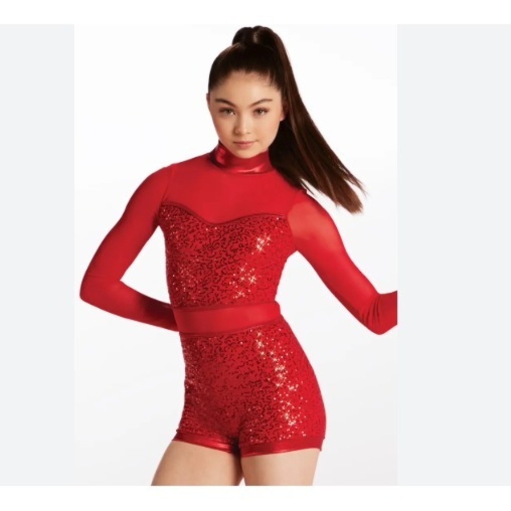 Balera Sequin Performance Outfit Bodysuit Red Biketard Size MA Sheer Mesh Long